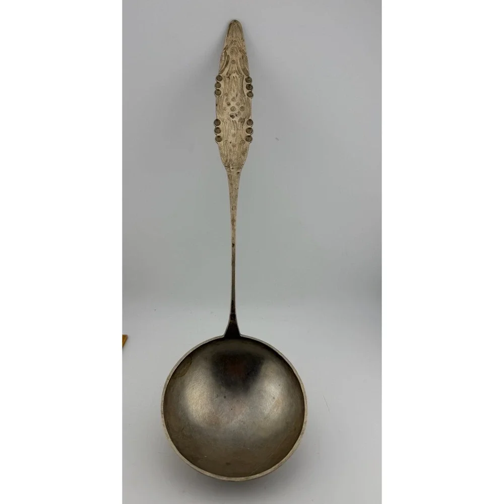 Large Art Deco Silver Tone Soup Ladle Vintage Embossed Handle Serving Piece